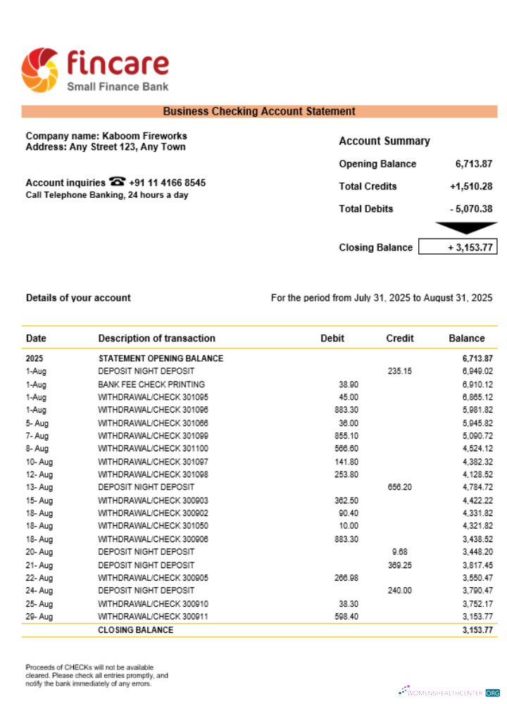 Download Fincare business firm account bank statement Word and PDF format Photoshop template